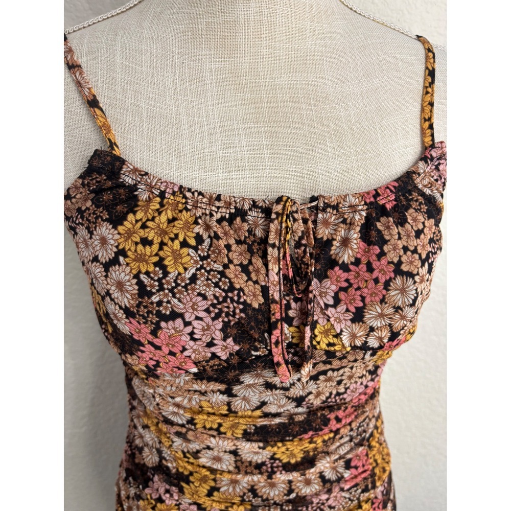 Ultra Flirt Bodycon Mini Dress Small Multicolor Floral Ruched Mesh Tie Front - Picture 3 of 8